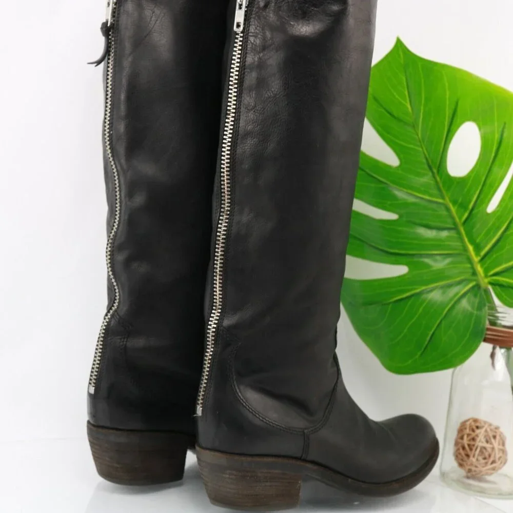Vic Matie Womens Tall Boot Size 7.5 Black Leather Western Riding Low Heel Italy - Picture 3 of 11
